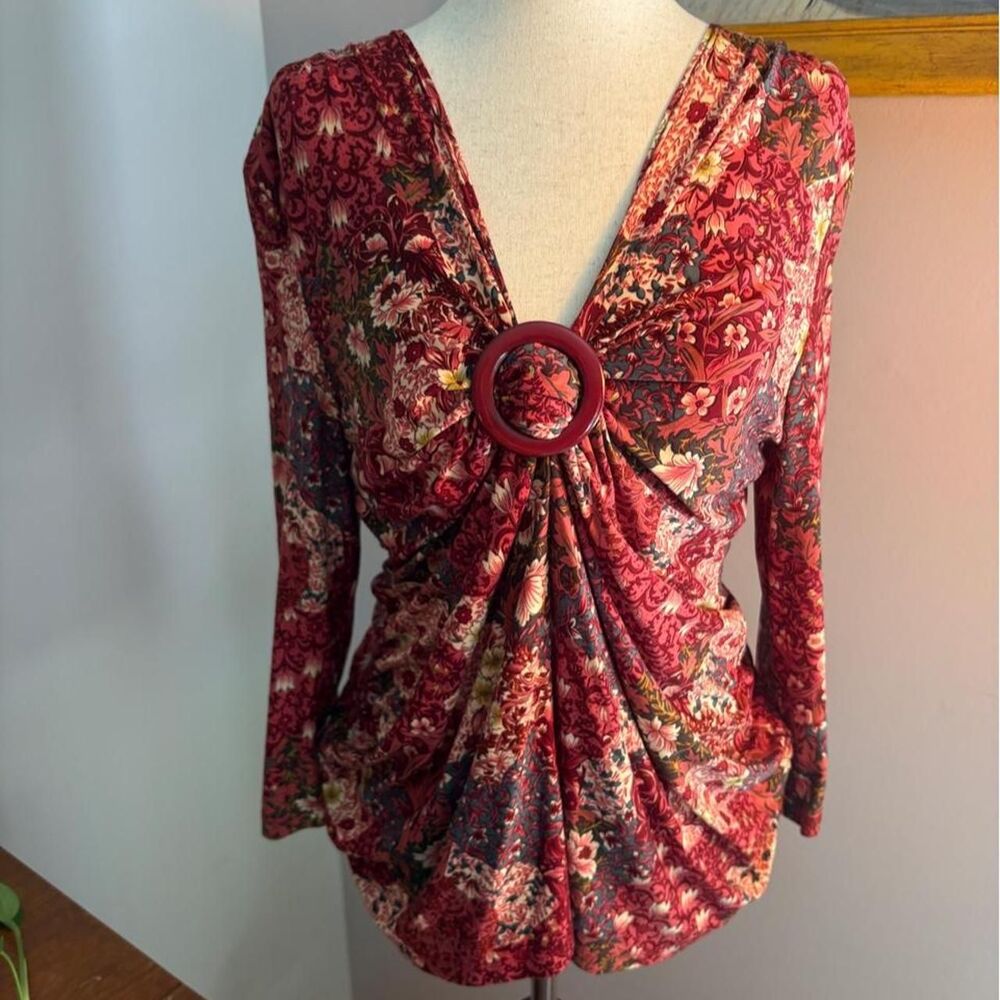 Typhany Vintage Red and pink autumn toned Floral Long-Sleeve Blouse Size L